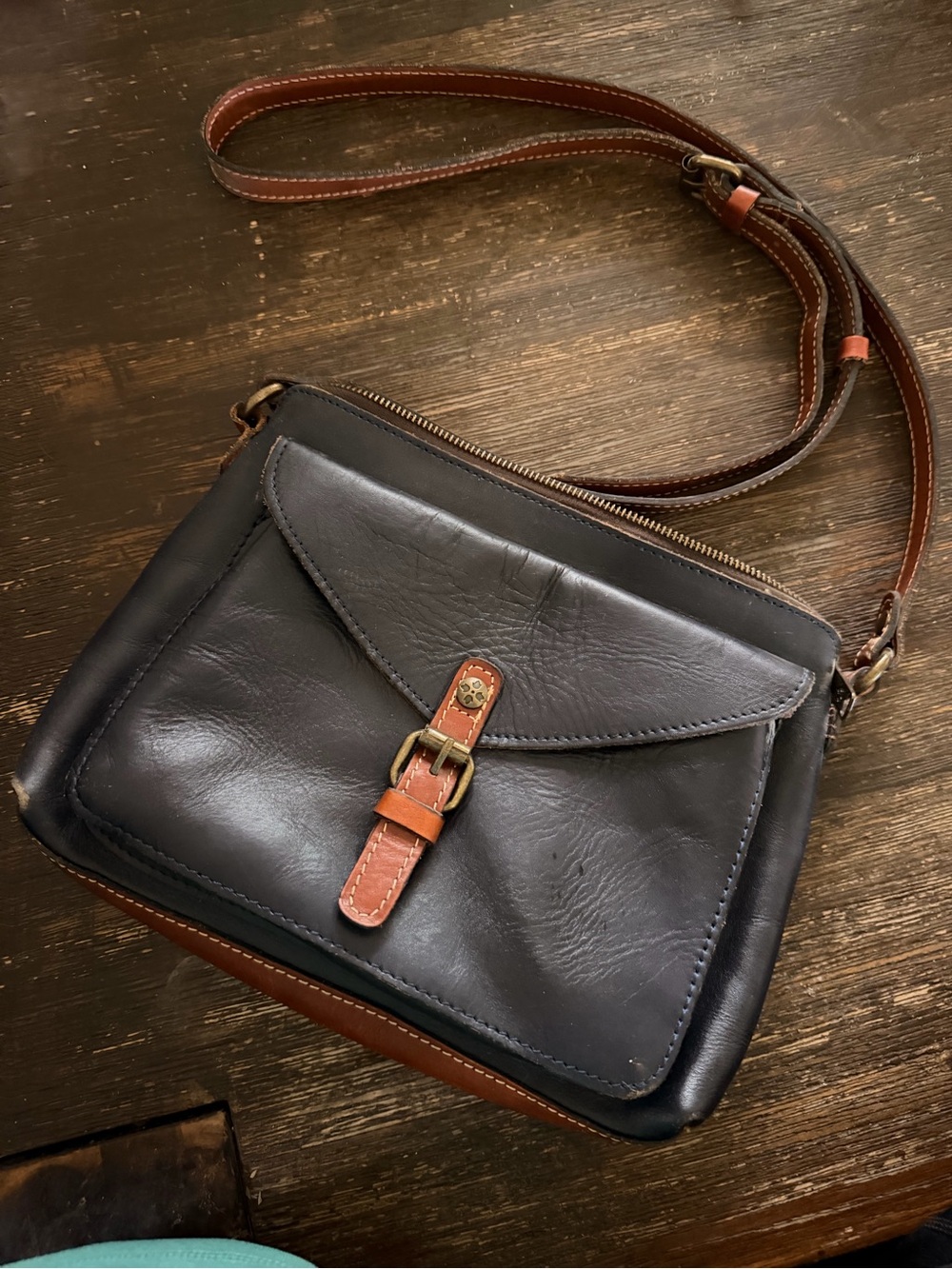 Vintages Patricia Nash Black Leather Crossbody with Brown Trim